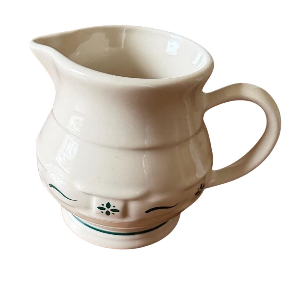 Longaberger Pottery Woven Traditions Ivory Green Creamer Pitcher USA Cottage
